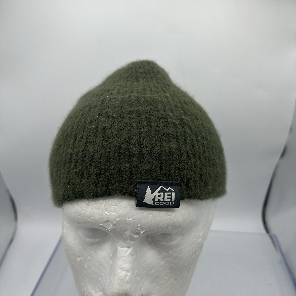 REI Co-op Wool Blend Beanie Olive Green Ribbed Knit Skull Cap One Size